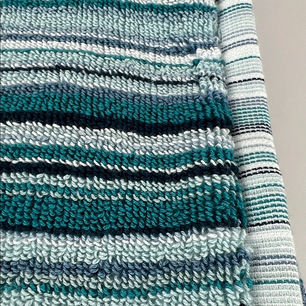 2pc Rachel Zoe Bath Towels Blue Teal White Striped Soft 100% Cotton NEW